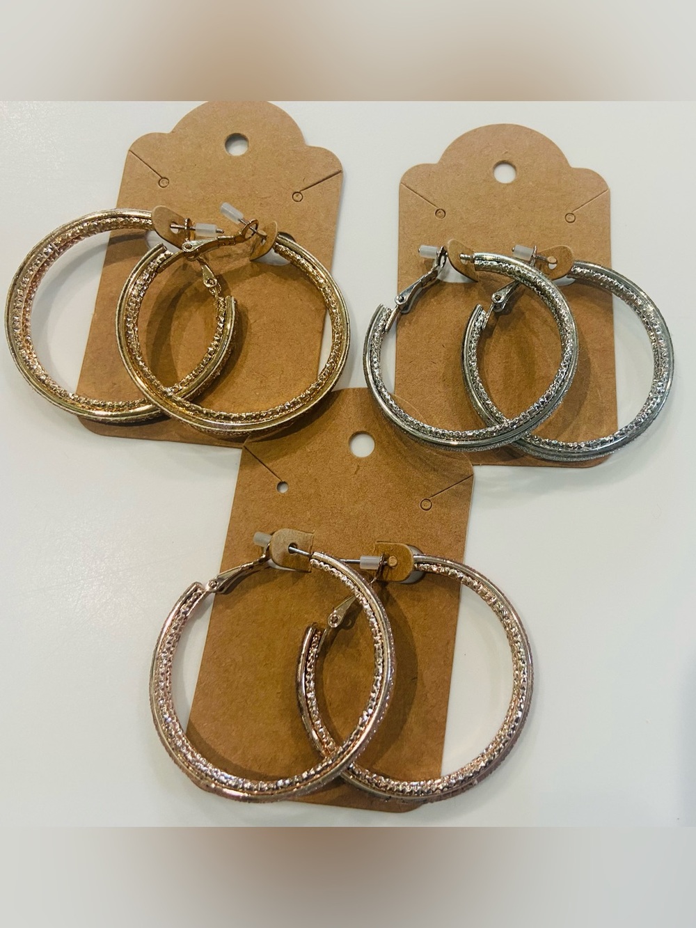 Set of 3 Classic Textured Hoop Earrings - Gold, Silver, Rose Gold